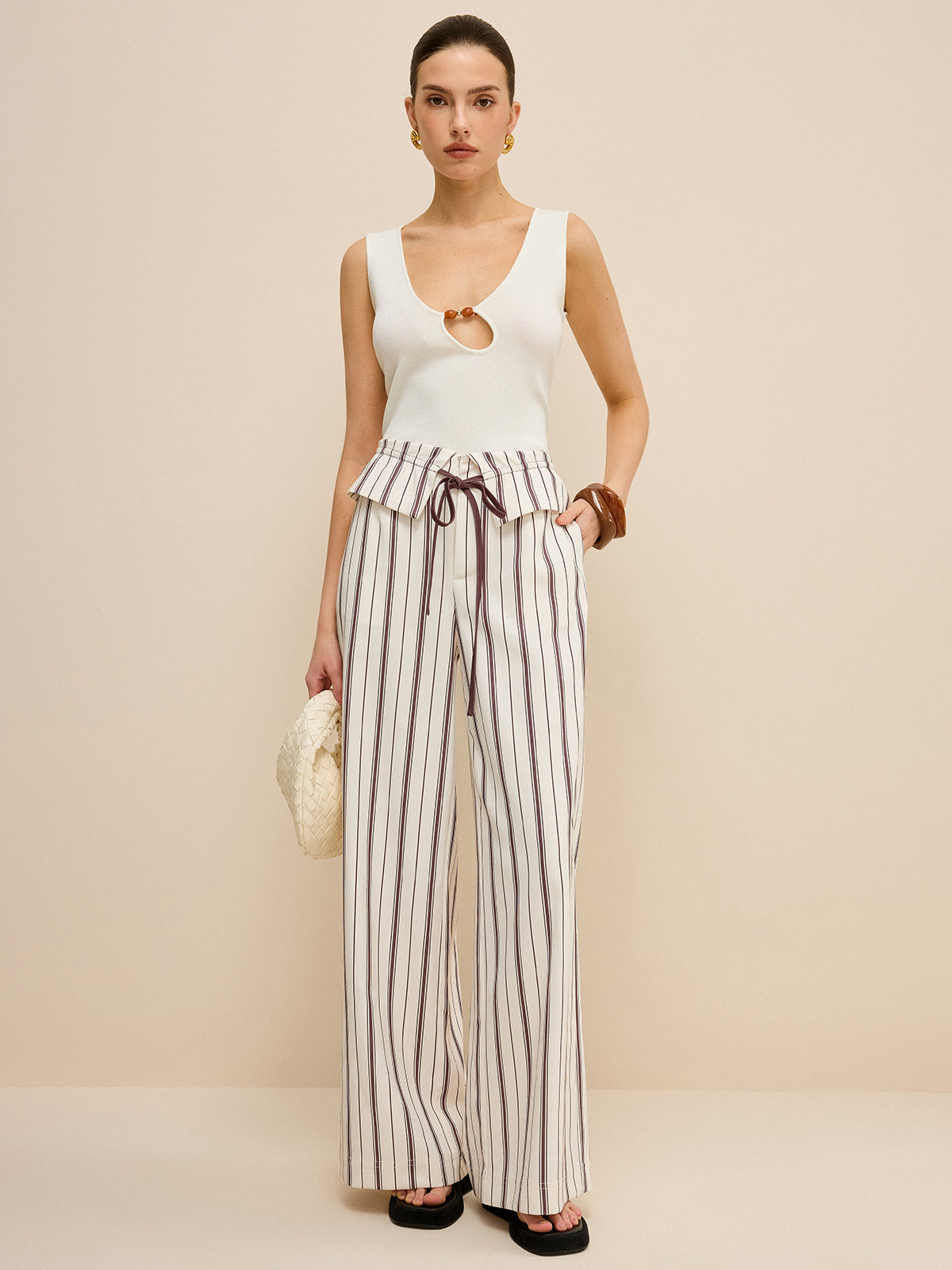 Striped Wide-Leg Pants with Peplum Waist