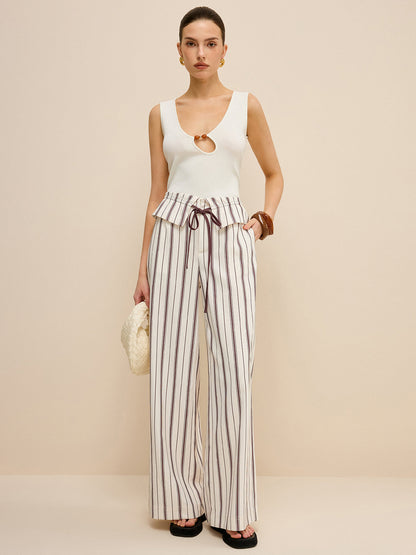 Striped Wide-Leg Pants with Peplum Waist