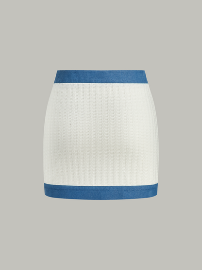 Denim-Trimmed Knit Mini Skirt with Metal Button