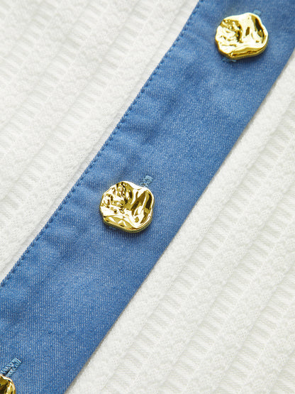 Denim-Trimmed Knit Mini Skirt with Metal Button