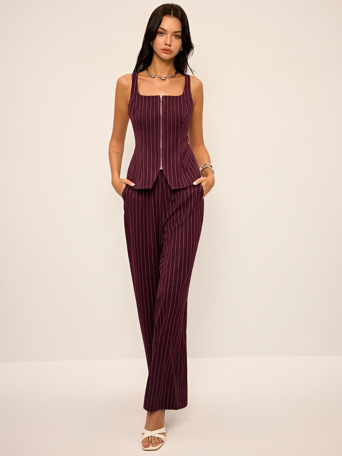 Pinstripe Wide-Leg Straight Pants