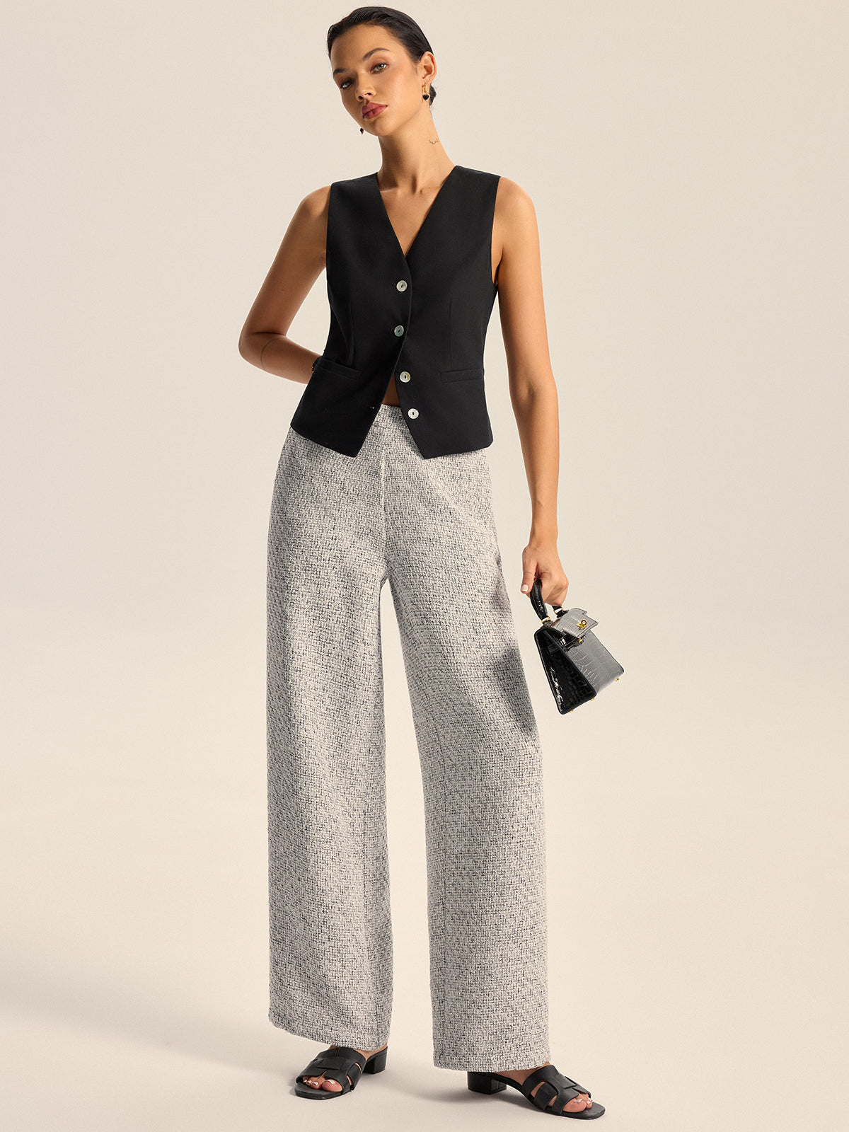 Textured Tweed Wide-Leg Pants