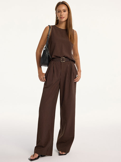 Pinstripe Sleeveless Top and Pants Set with Belt