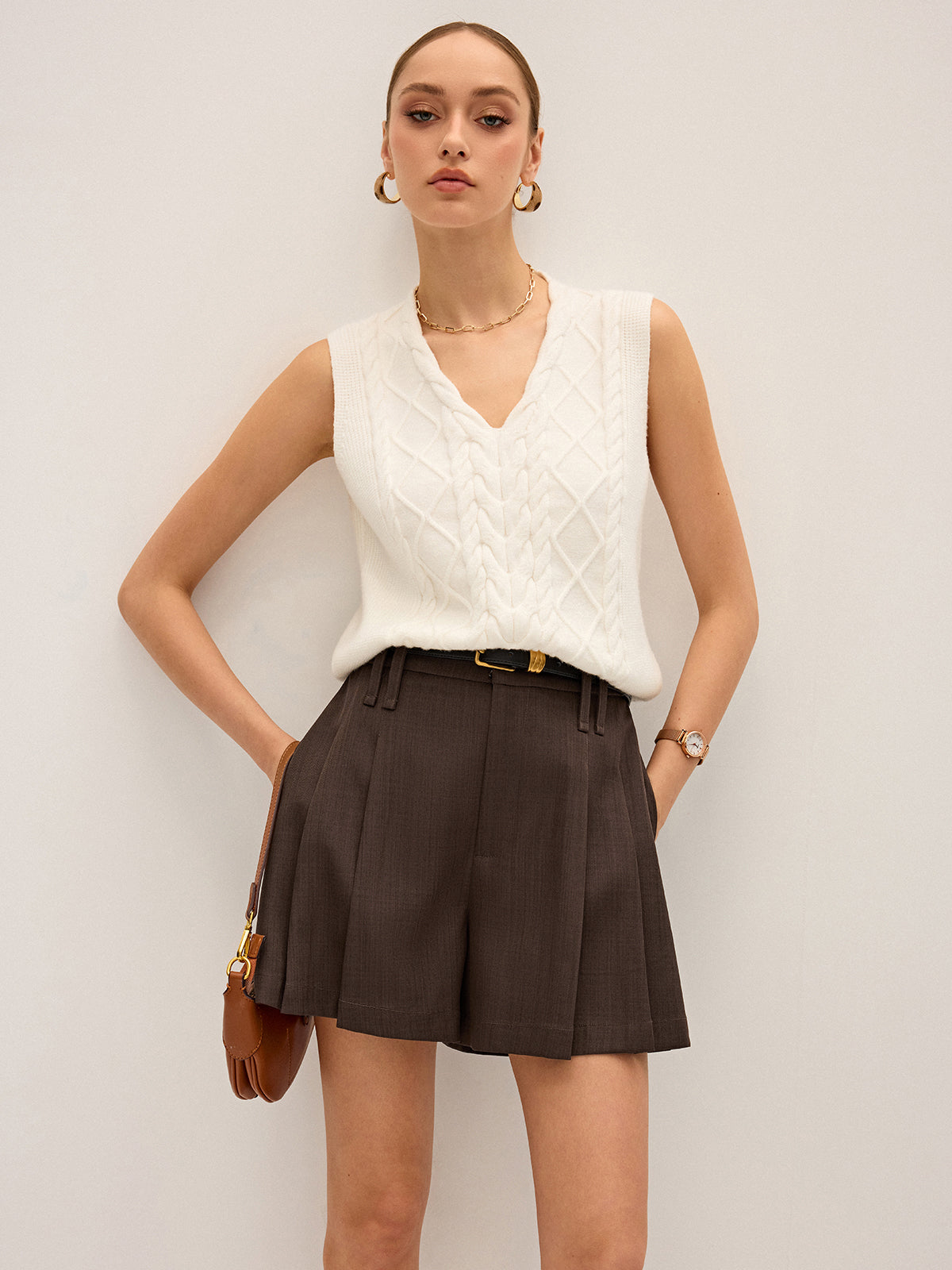 Pleated Mid-Waist Shorts without Belt