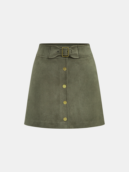 High-Waist Button Front Suede Effect Mini Skirt