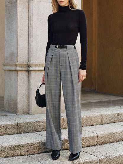 Pleated Plaid Belted Wide-Leg Pants
