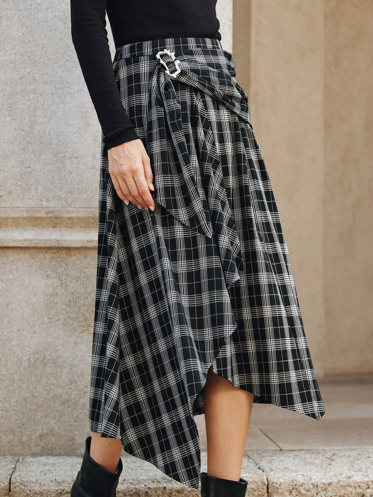 Plaid Asymmetric High-Slit Midi Skirt