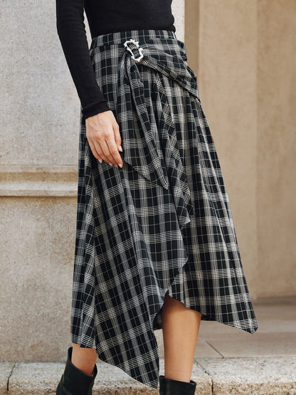 Plaid Asymmetric High-Slit Midi Skirt