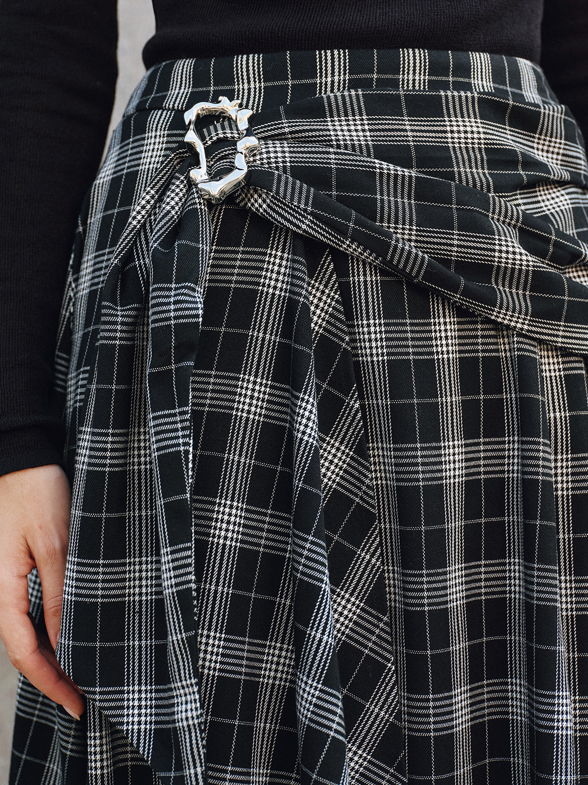 Plaid Asymmetric High-Slit Midi Skirt