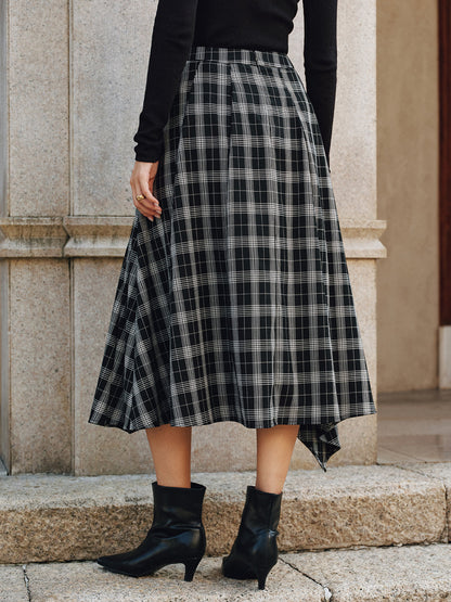 Plaid Asymmetric High-Slit Midi Skirt