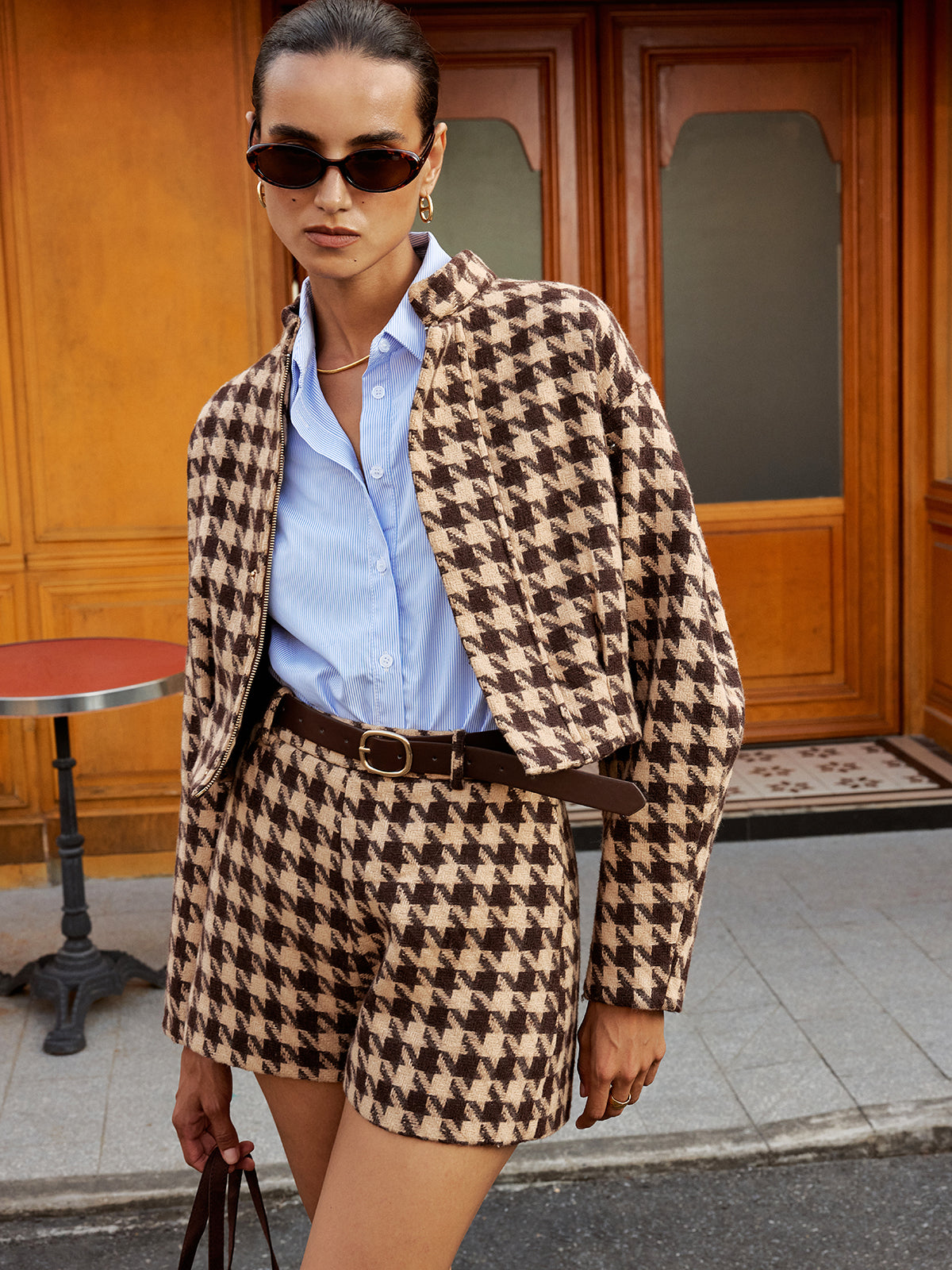 Houndstooth Belted High-Waist Shorts