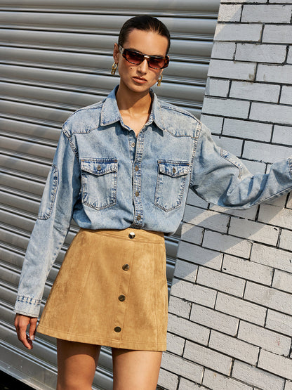 Decor Button Suede Effect Mini Skirt