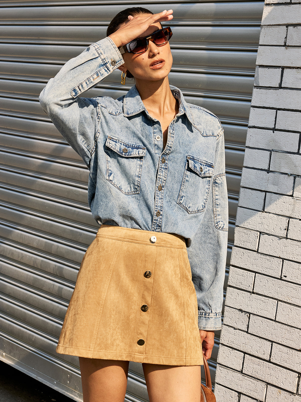 Decor Button Suede Effect Mini Skirt