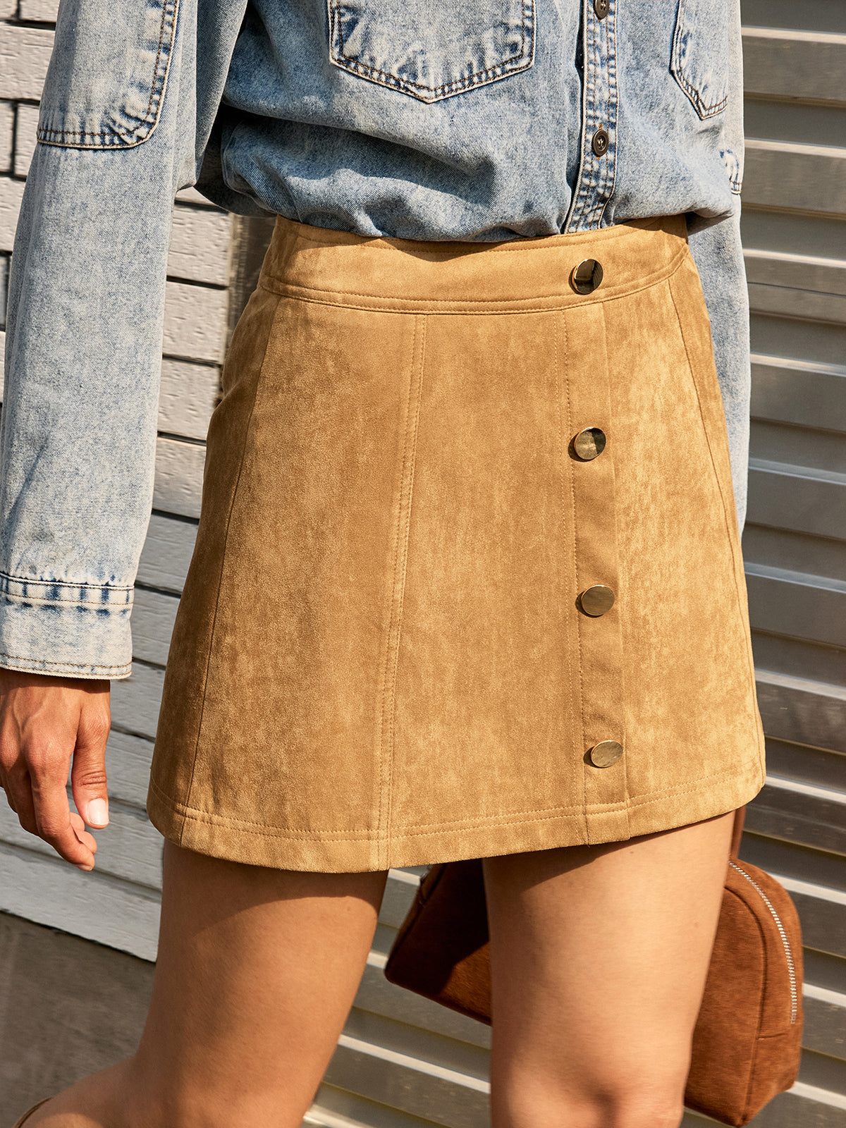 Decor Button Suede Effect Mini Skirt