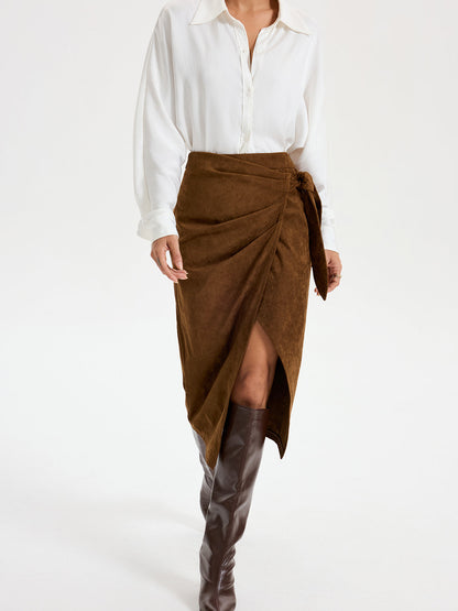 Tie Knot Suede Effect Midi Skirt