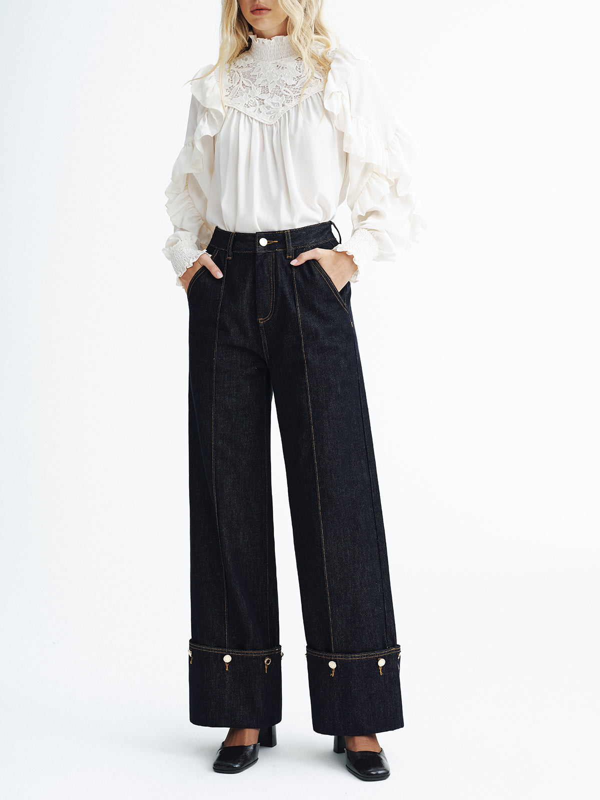 Mid-Waist Denim Cuffed Jeans