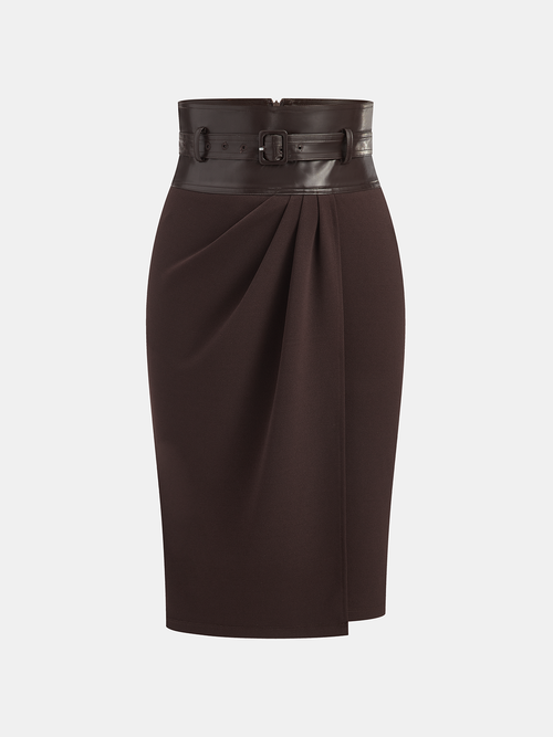 Faux Leather Panel Midi Skirt with Belt