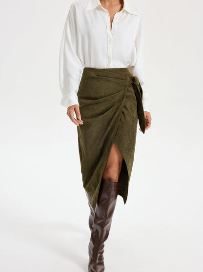 Tie Knot Suede Effect Midi Skirt