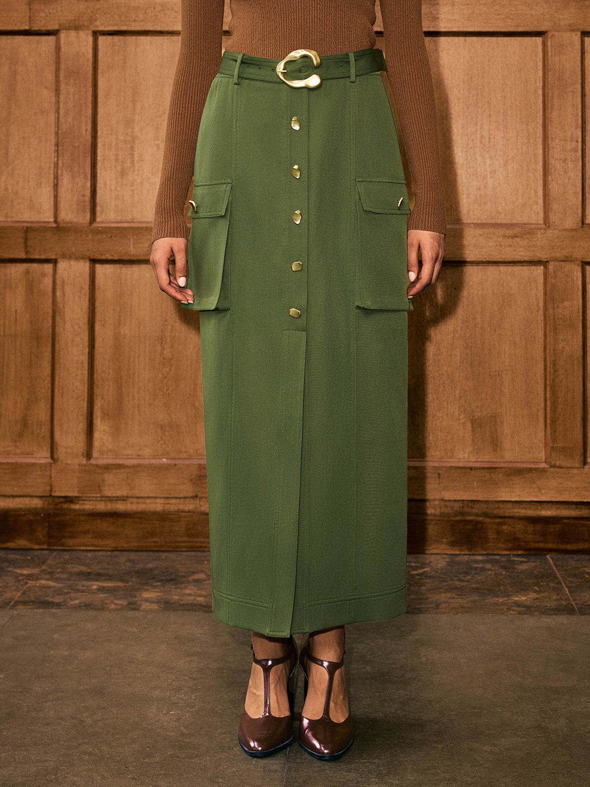 Metal Button Belted Slit Maxi Skirt