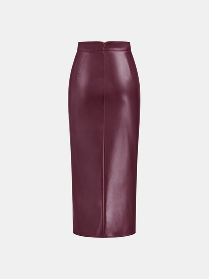 Ruched Slit PU Leather Midi Skirt