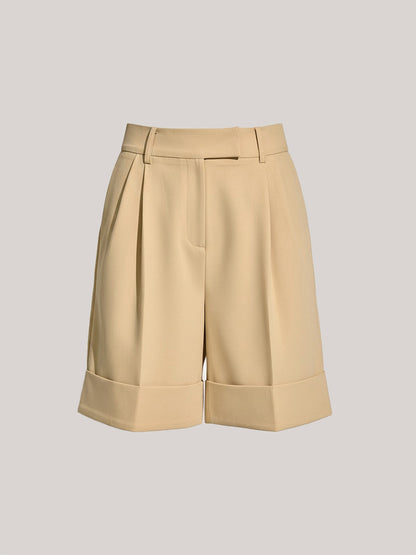 Pocket Mid-Waist Pleated Cuffed Shorts