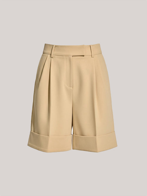 Pocket Mid-Waist Pleated Cuffed Shorts