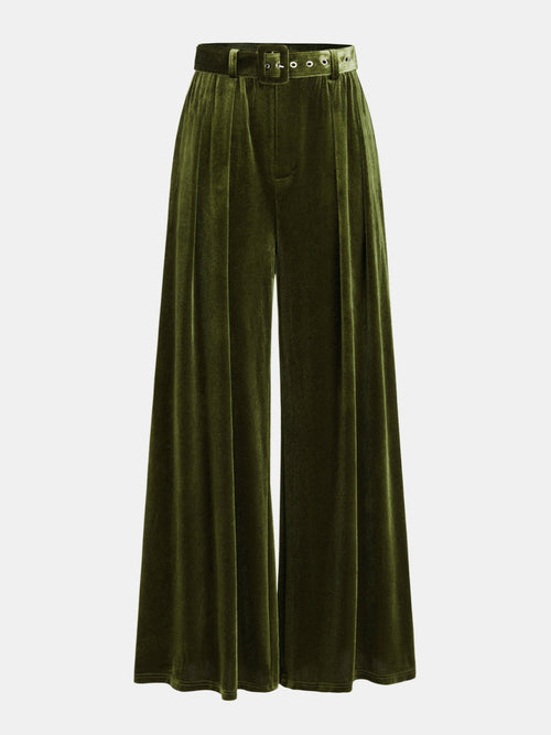 Belted Pleated Velvet Wide-Leg Pants