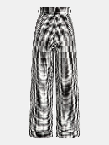 Houndstooth Pleated Buttoned Wide Leg Pants