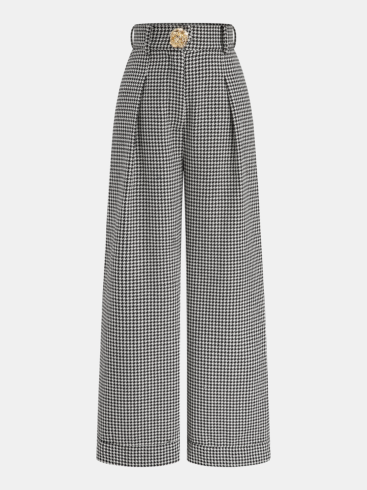 Houndstooth Pleated Buttoned Wide Leg Pants