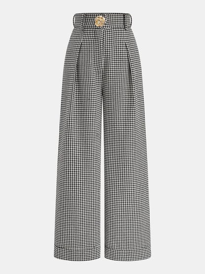 Houndstooth Pleated Buttoned Wide Leg Pants
