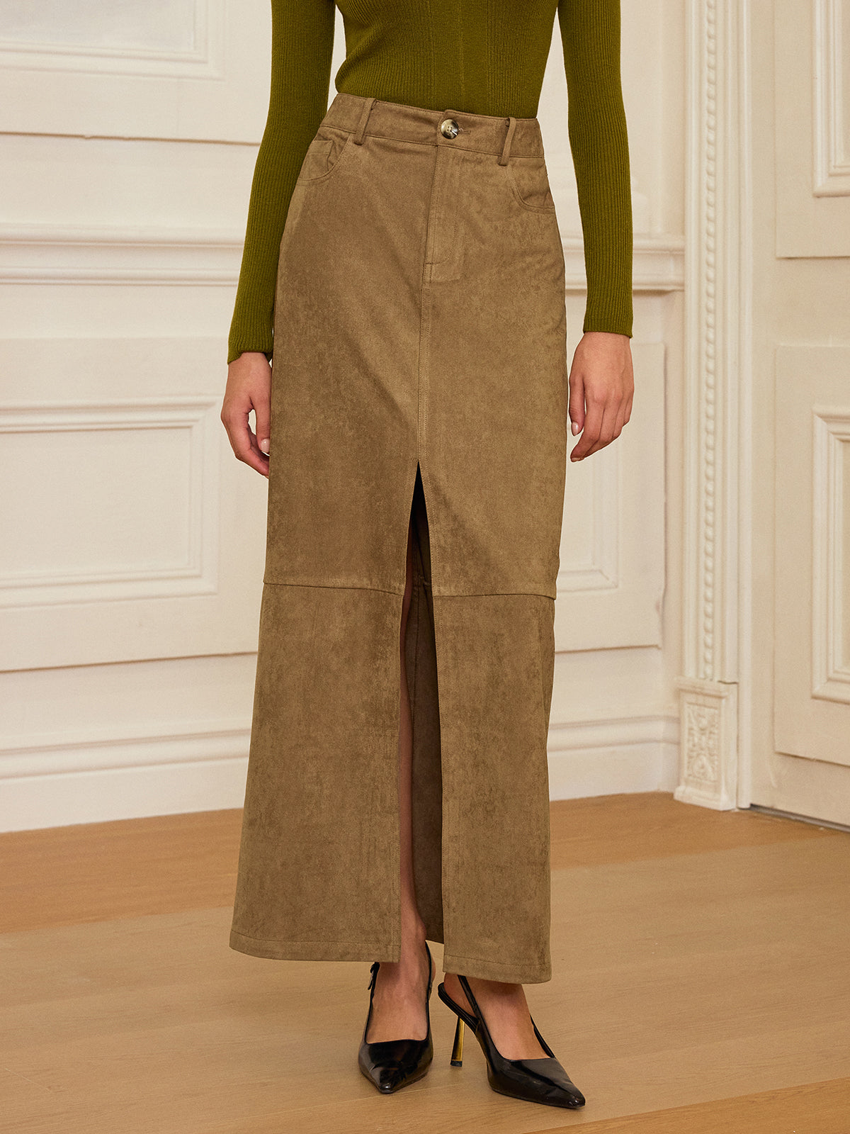 Suede Effect Slit-Front Maxi Skirt