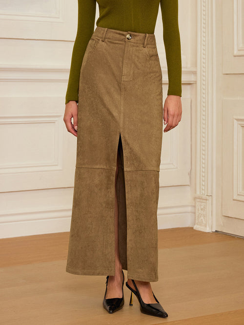 Suede Effect Slit-Front Maxi Skirt