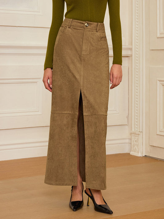 Suede Effect Slit-Front Maxi Skirt