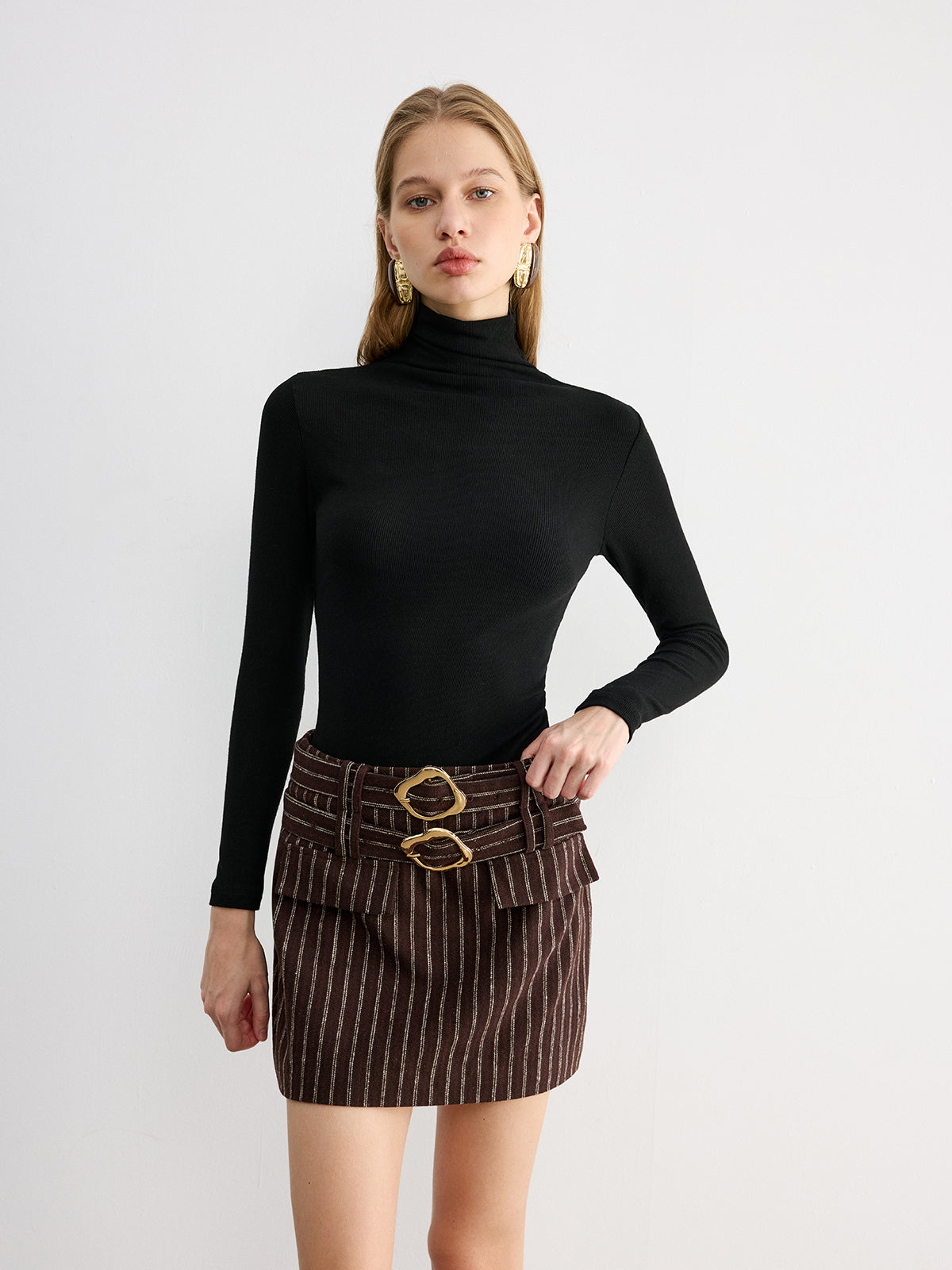 Double Belt Striped Mini Skirt