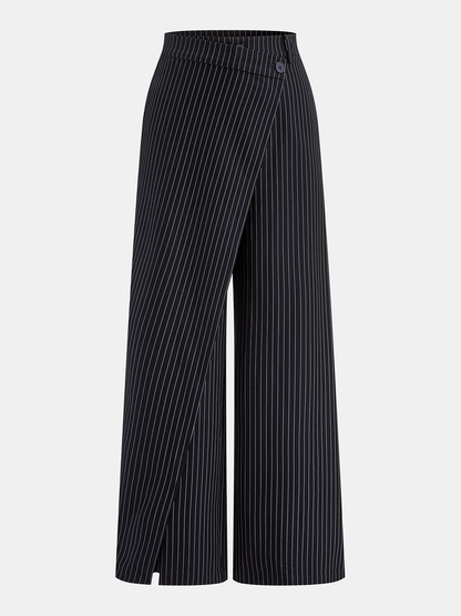 Wide-Leg Pinstriped Asymmetric Placket Pants