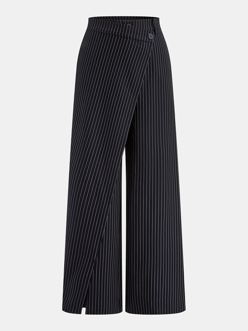 Wide-Leg Pinstriped Asymmetric Placket Pants