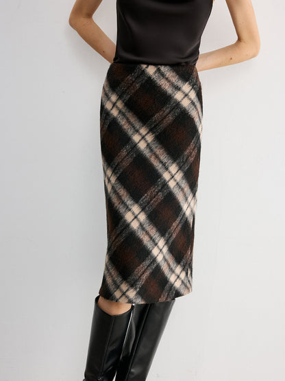 Plaid Wool-Blend Midi Pencil Skirt