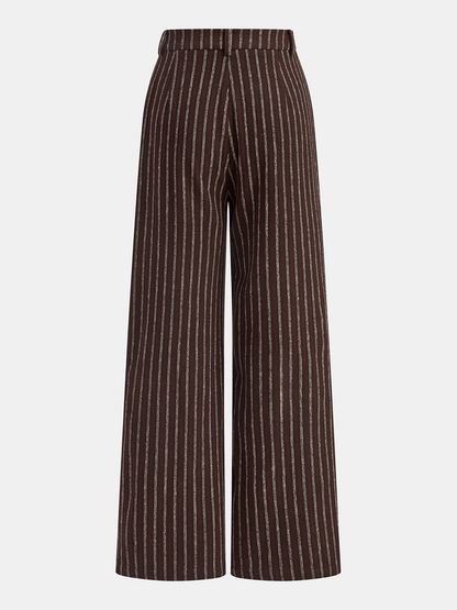 Asymmetric Placket Tweed Pinstripe Wide-Leg Pants