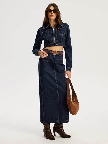 Belted Denim Maxi Skirt
