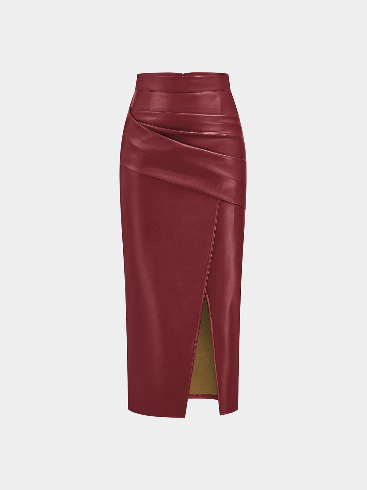 Ruched Slit PU Leather Midi Skirt