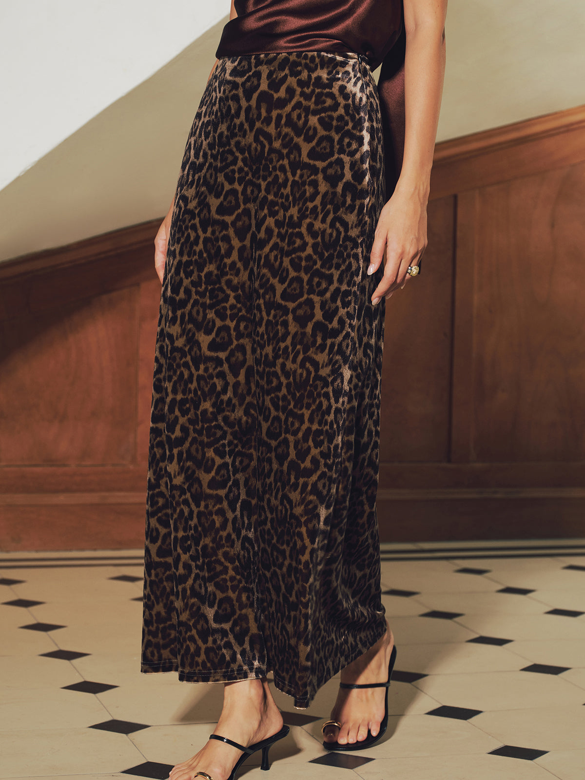 Leopard Print Velvet Mermaid Hem Maxi Skirt
