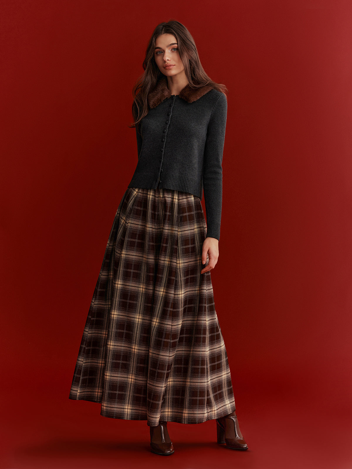 Plaid Flared Maxi Skirt