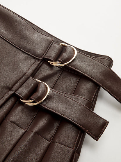 Double Buckle Detail Faux Leather Midi Skirt
