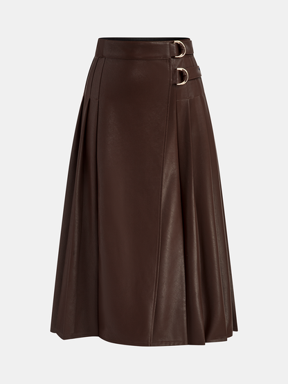 Double Buckle Detail Faux Leather Midi Skirt