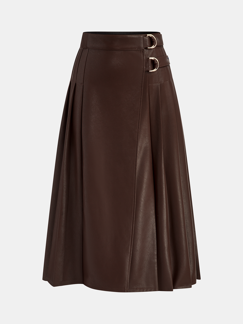 Double Buckle Detail Faux Leather Midi Skirt