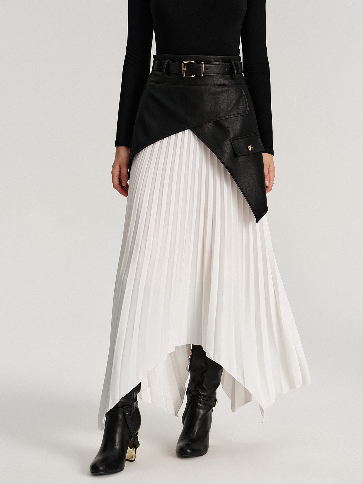 Belted Asymmetric Faux Leather Panel Pleated Maxi Skirt