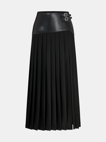 Buckle Detail Faux Leather Panel Pleated Midi Skirt