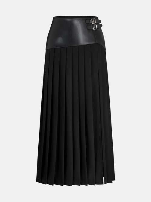 Buckle Detail Faux Leather Panel Pleated Midi Skirt