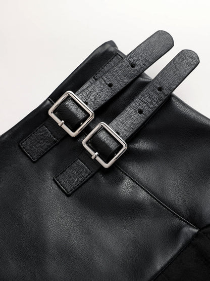 Buckle Detail Faux Leather Panel Pleated Midi Skirt