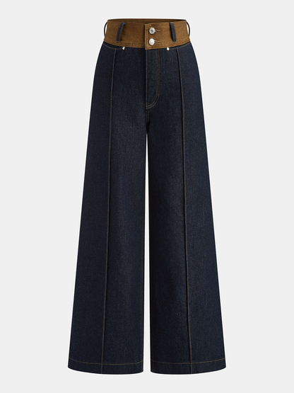 Contrast Waistband Denim Straight-Leg Pants